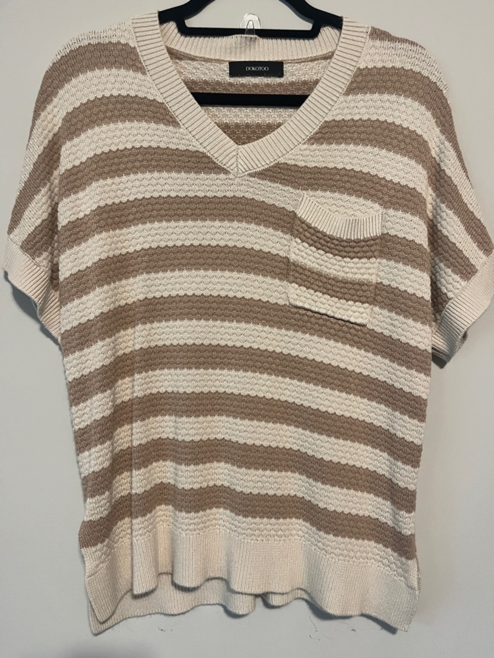 Cream and Light Brown Striped V-Neck Sweater